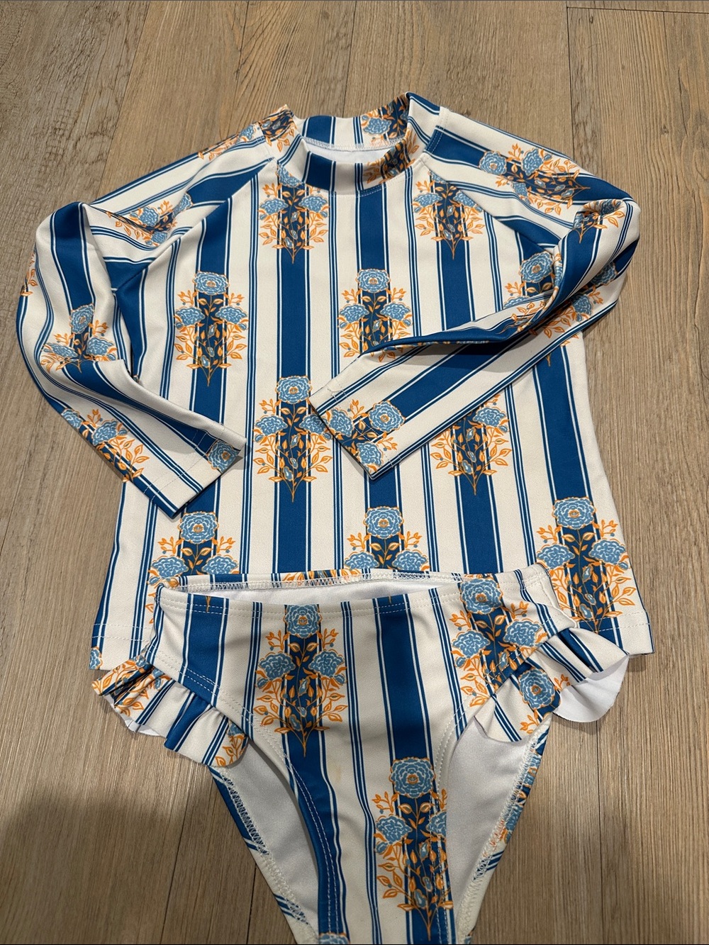 Kids Blue & White Striped Floral Rash Guard Swim Set